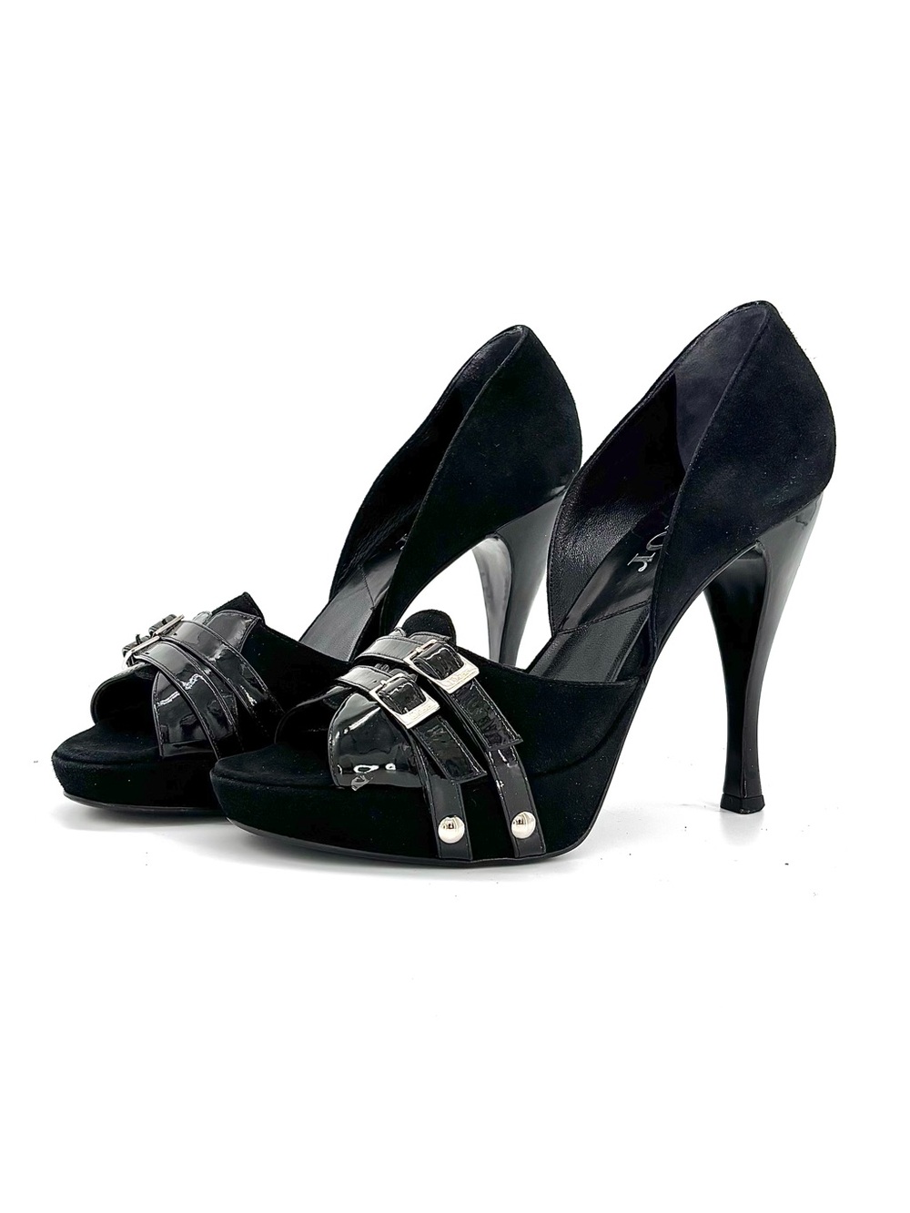 Dior John Galliano Suede Double Buckle Patent Leather Peep Toe Platform Pumps 40
